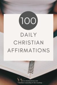 person holding a journal; title- 100 daily christian affirmations