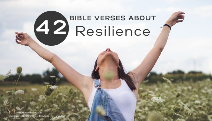 42 bible verses about resilience with girl in flower field with arms up